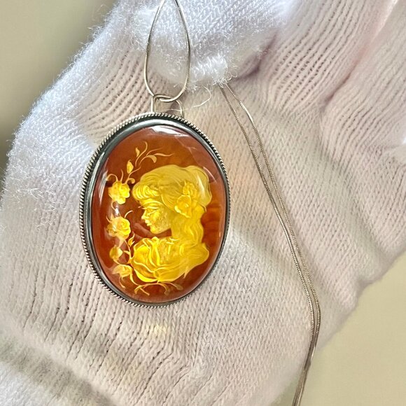 Vintage Amber Pin Brooch Pendant Necklace in Sterling Silver w 925 Italy Chain - Picture 1 of 15